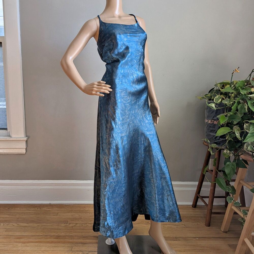Vintage 90s Rue de la Paix Blue Prom Gown Slip Dress Maxi Strappy Size 9 - Picture 3 of 10